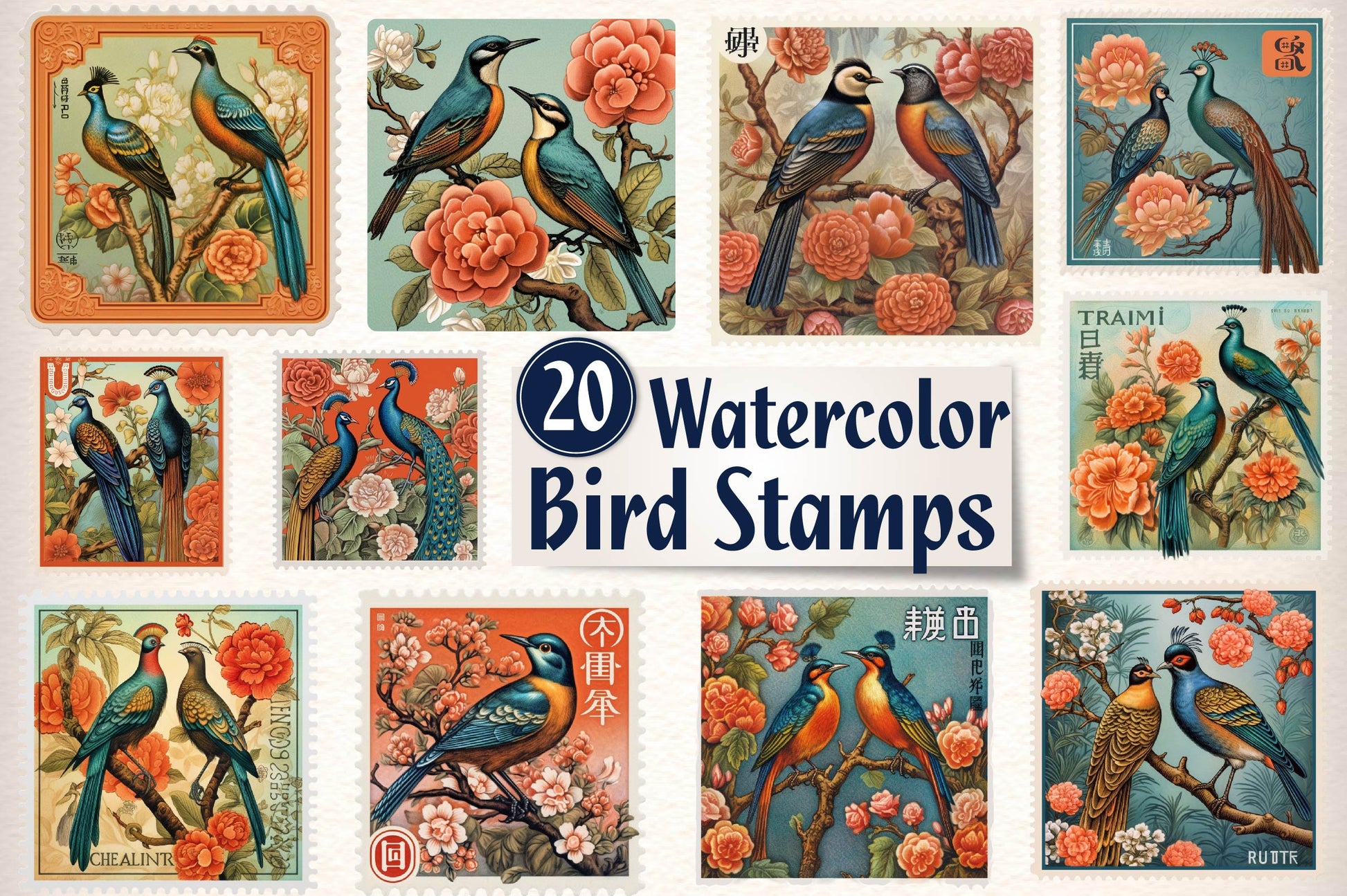 Asian Bird Postage Stamps Clipart Bundle - CraftNest - Digital Crafting and Art