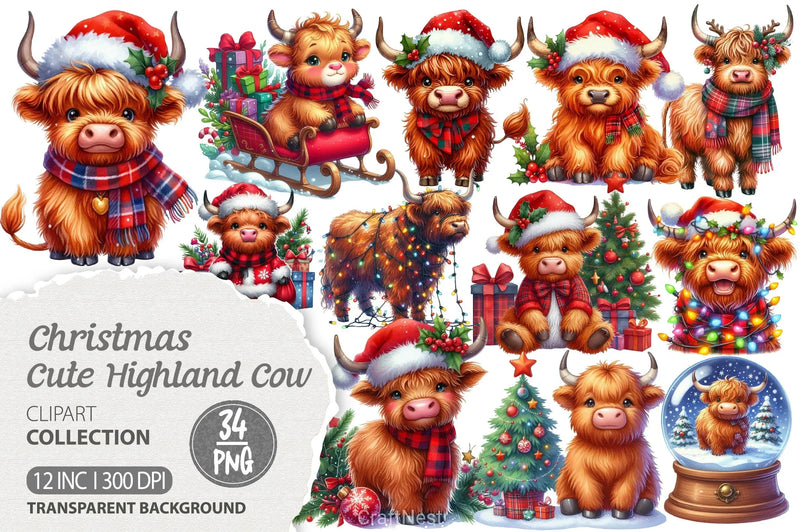 Cute Christmas Highland Cow Clipart Bundle 6 - CraftNest - Digital Crafting and Art