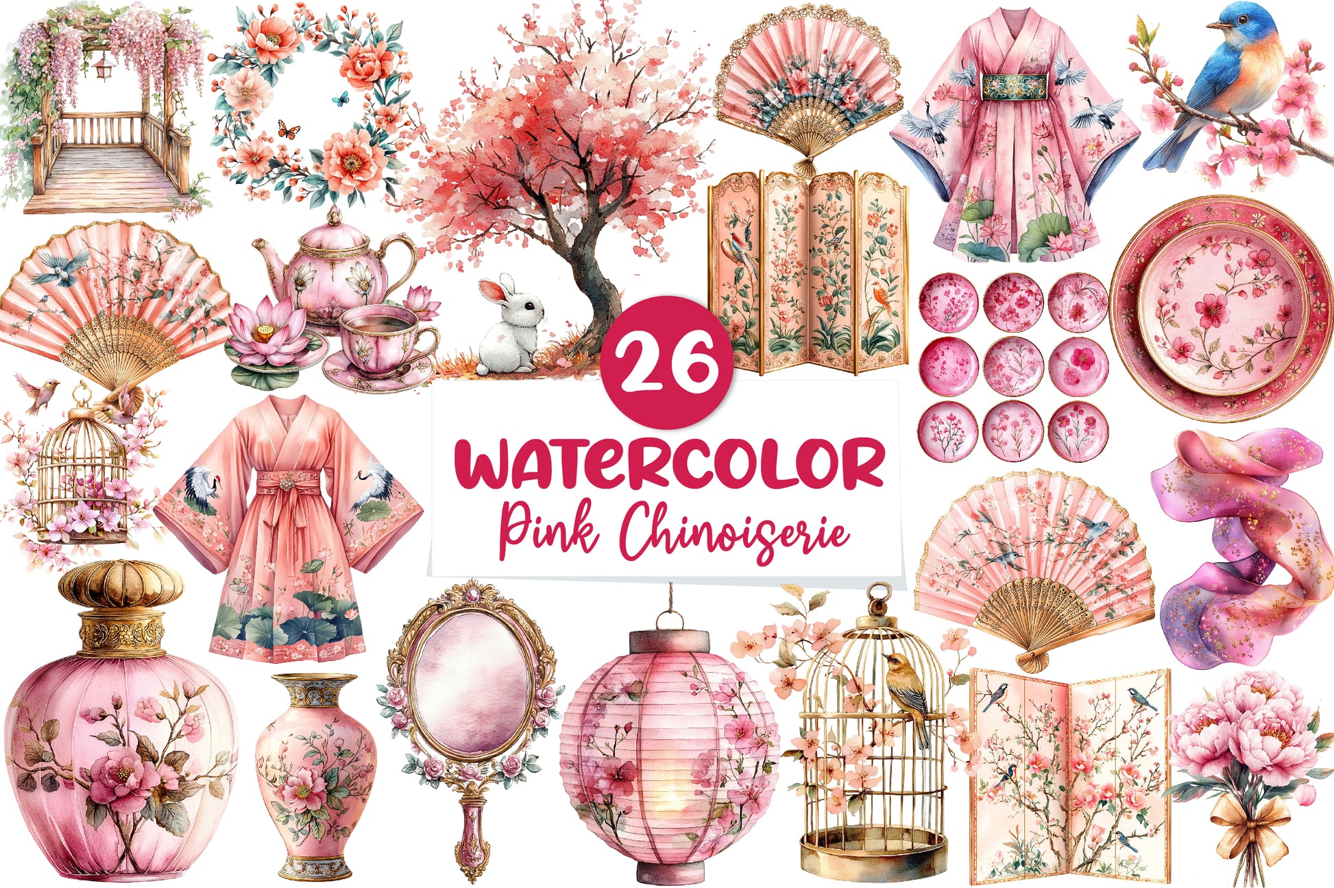 Pink Chinoiserie Summer Clipart Bundle - CraftNest - Digital Crafting and Art