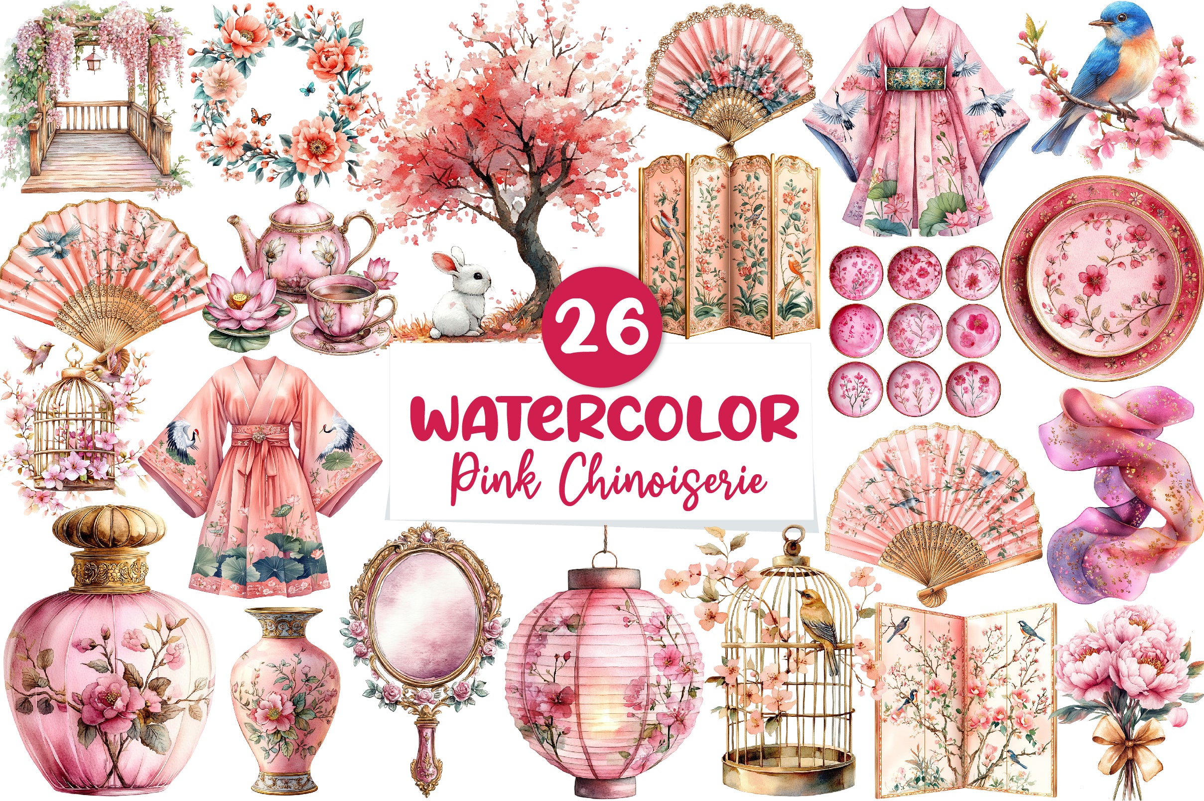 Pink Chinoiserie Summer Clipart Bundle - CraftNest - Digital Crafting and Art
