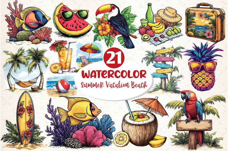 Tropical Summer Vacation Beach Clipart Bundle - CraftNest - Digital Crafting and Art