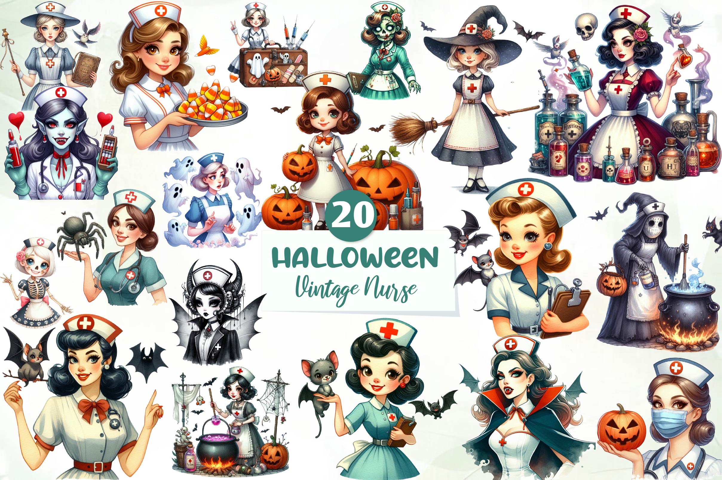 Vintage Halloween Nurse Clipart Bundle - CraftNest - Digital Crafting and Art