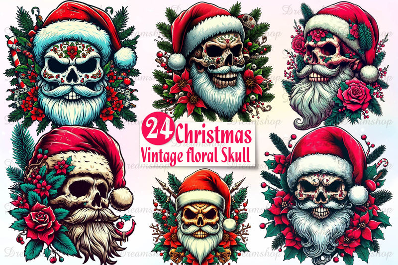 Christmas Vintage Santa Floral Skull Clipart Bundle - CraftNest - Digital Crafting and Art