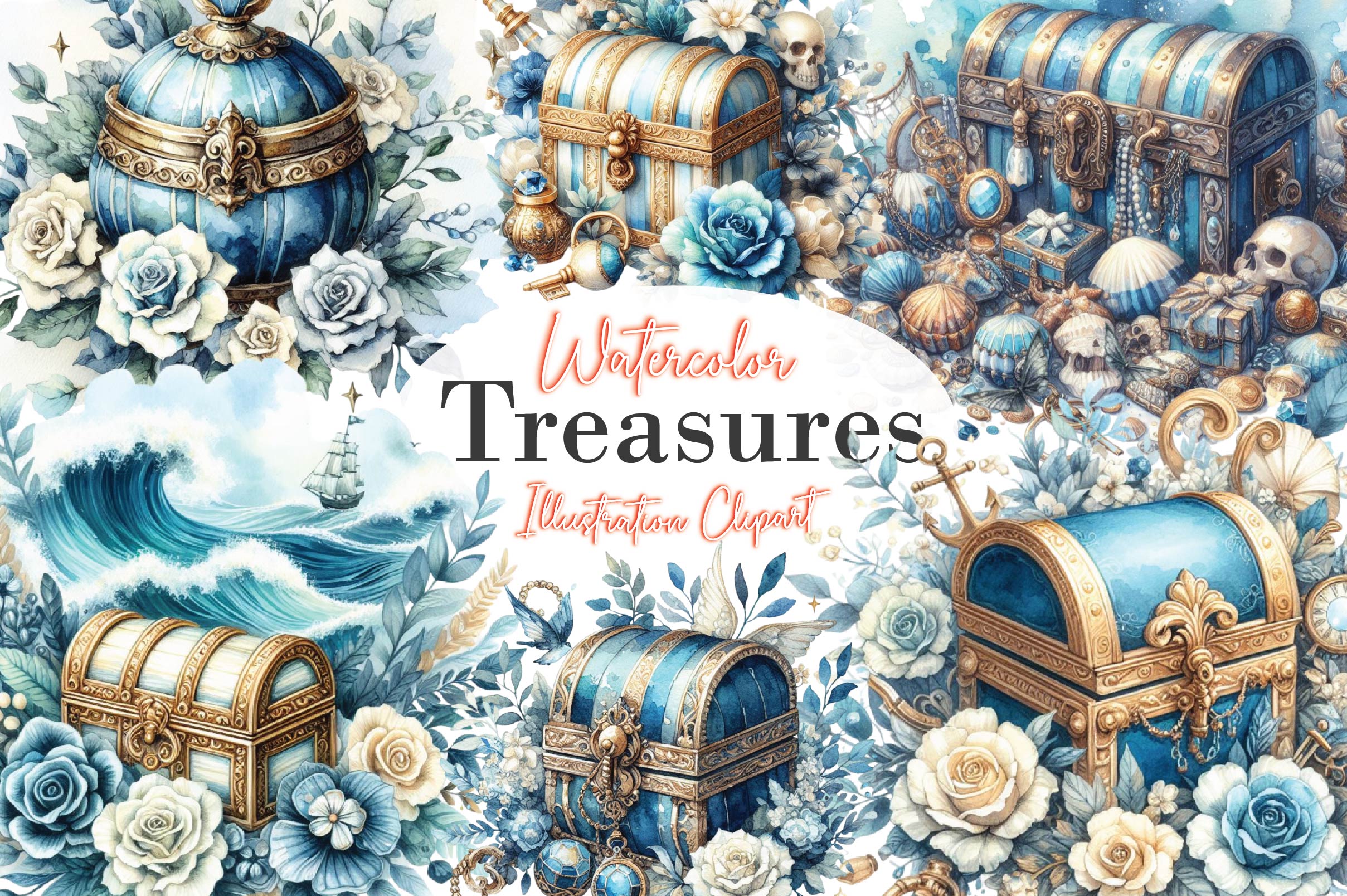 Blue And Ivory Treasures Clipart Bundle - CraftNest - Digital Crafting and Art