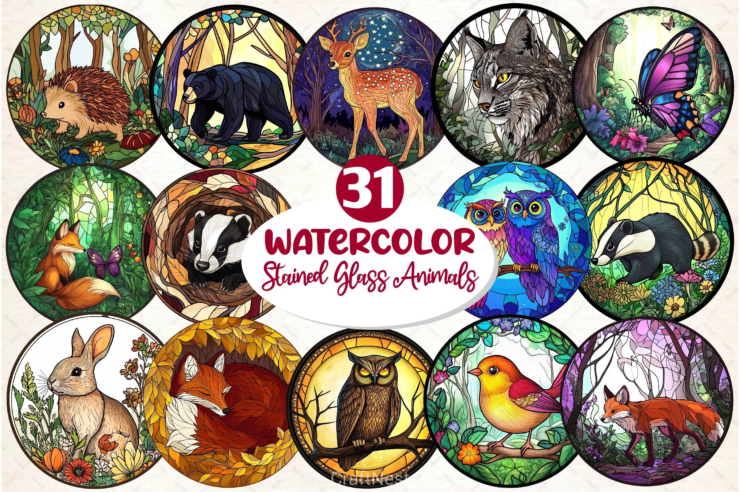 Round Stained Glass Forest Animals Clipart Bundle 2 - CraftNest - Digital Crafting and Art