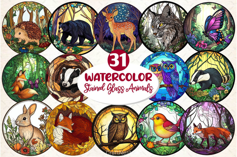 Round Stained Glass Forest Animals Clipart Bundle 2 - CraftNest - Digital Crafting and Art