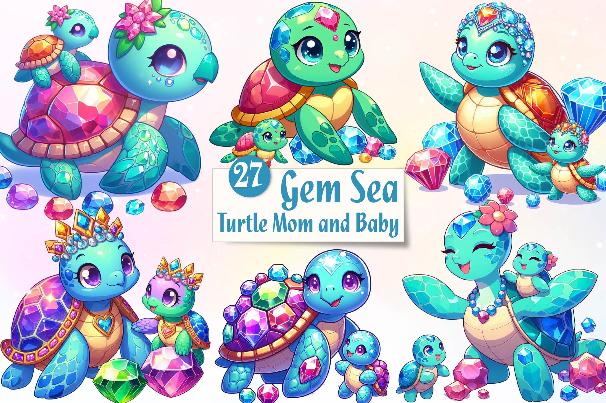 Gem Sea Turtle Mom And Baby Clipart Bundle - CraftNest - Digital Crafting and Art