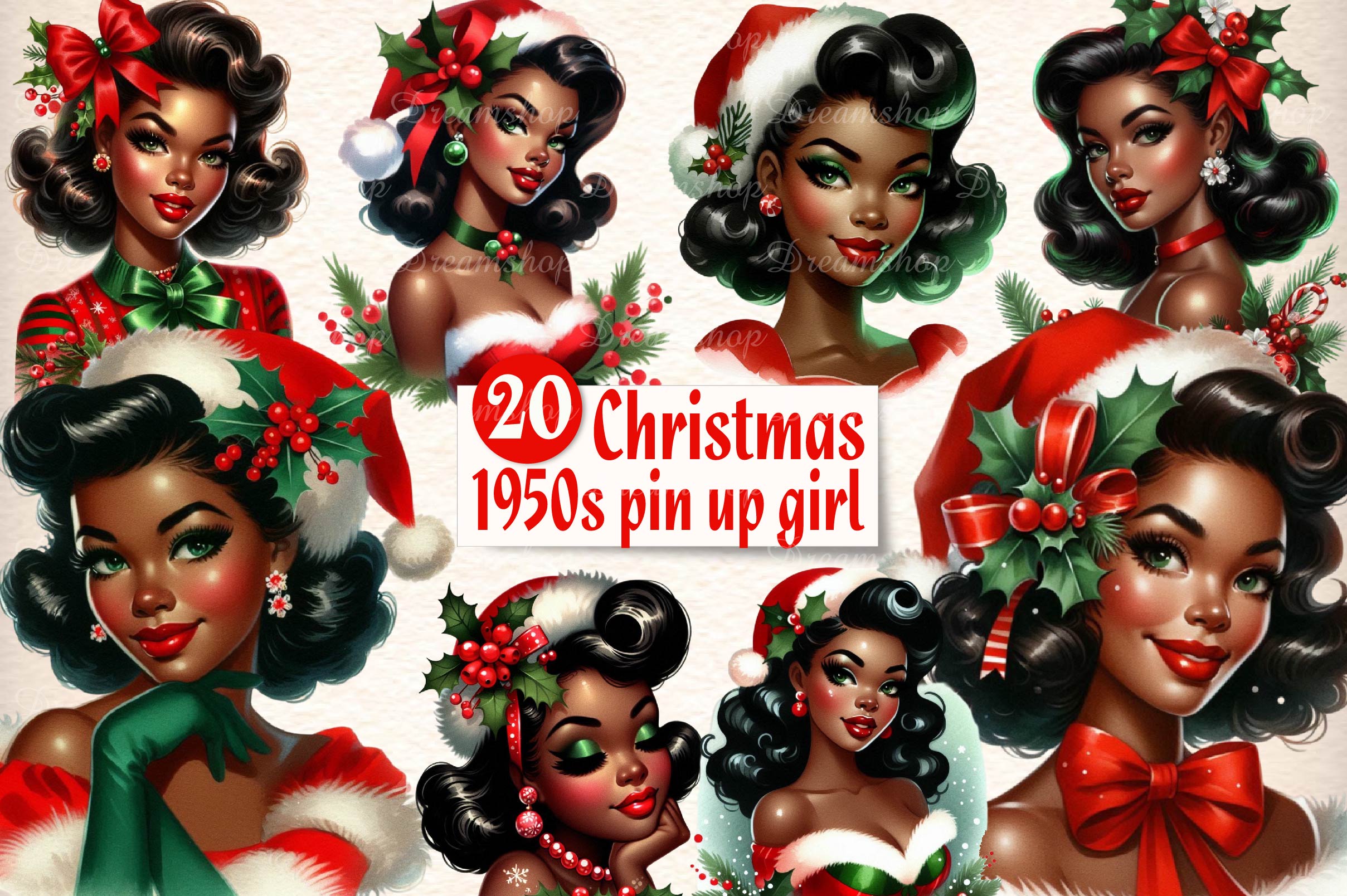 1950s Vintage Christmas Pin Up Girl Clipart Bundle - CraftNest - Digital Crafting and Art