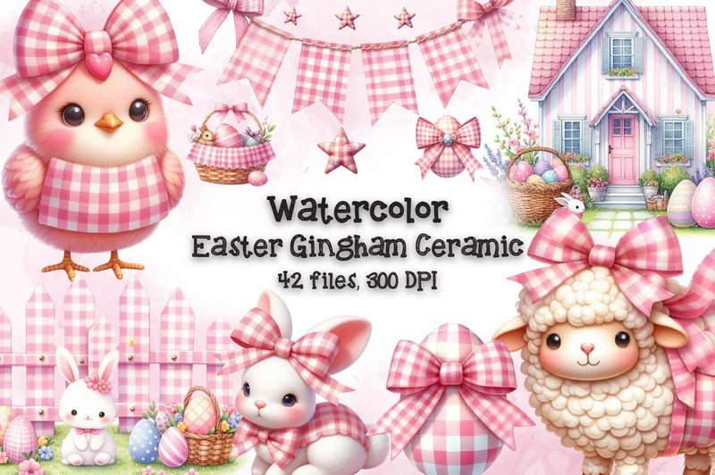 Pink Easter Gingham Ceramic Clipart Bundle - CraftNest - Digital Crafting and Art