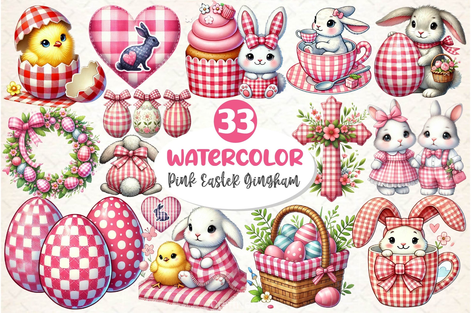 Pink Easter Gingham Ceramic Clipart Bundle 2 - CraftNest - Digital Crafting and Art