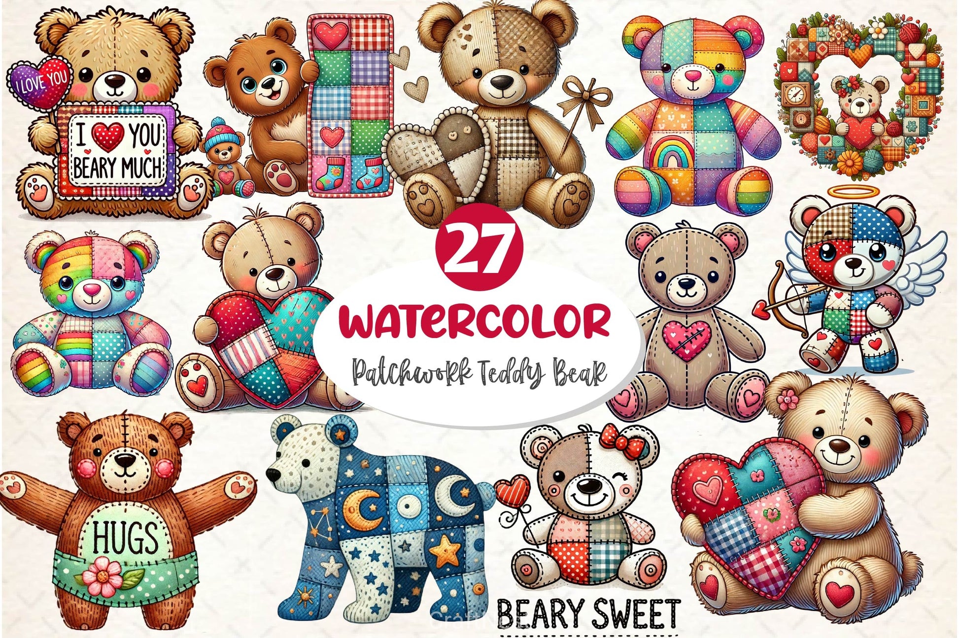 Patchwork Valentine's Day Teddy Bear Clipart Bundle - CraftNest - Digital Crafting and Art