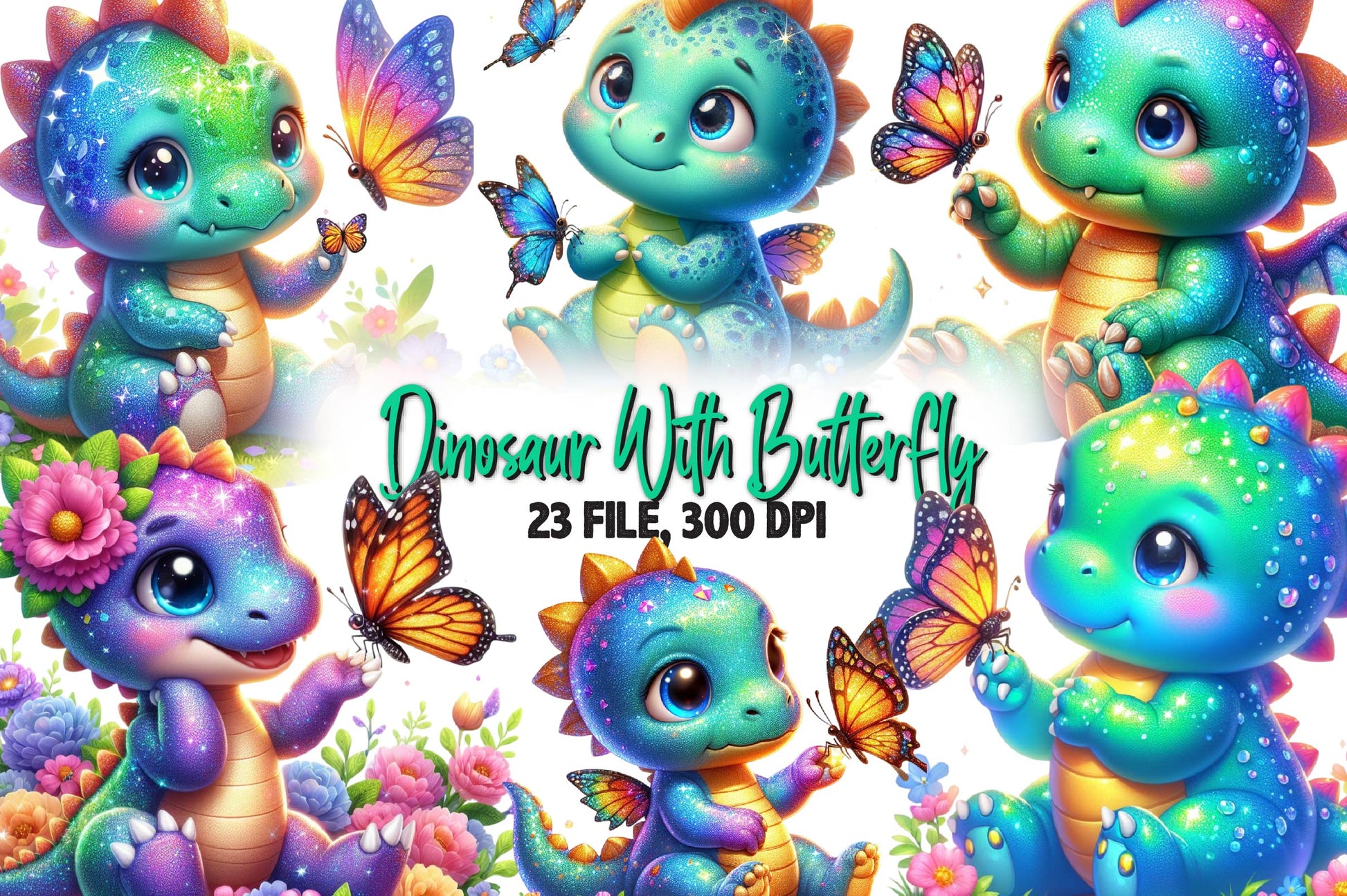 Cute Dinosaur With Butterfly Clipart Bundle - CraftNest - Digital Crafting and Art