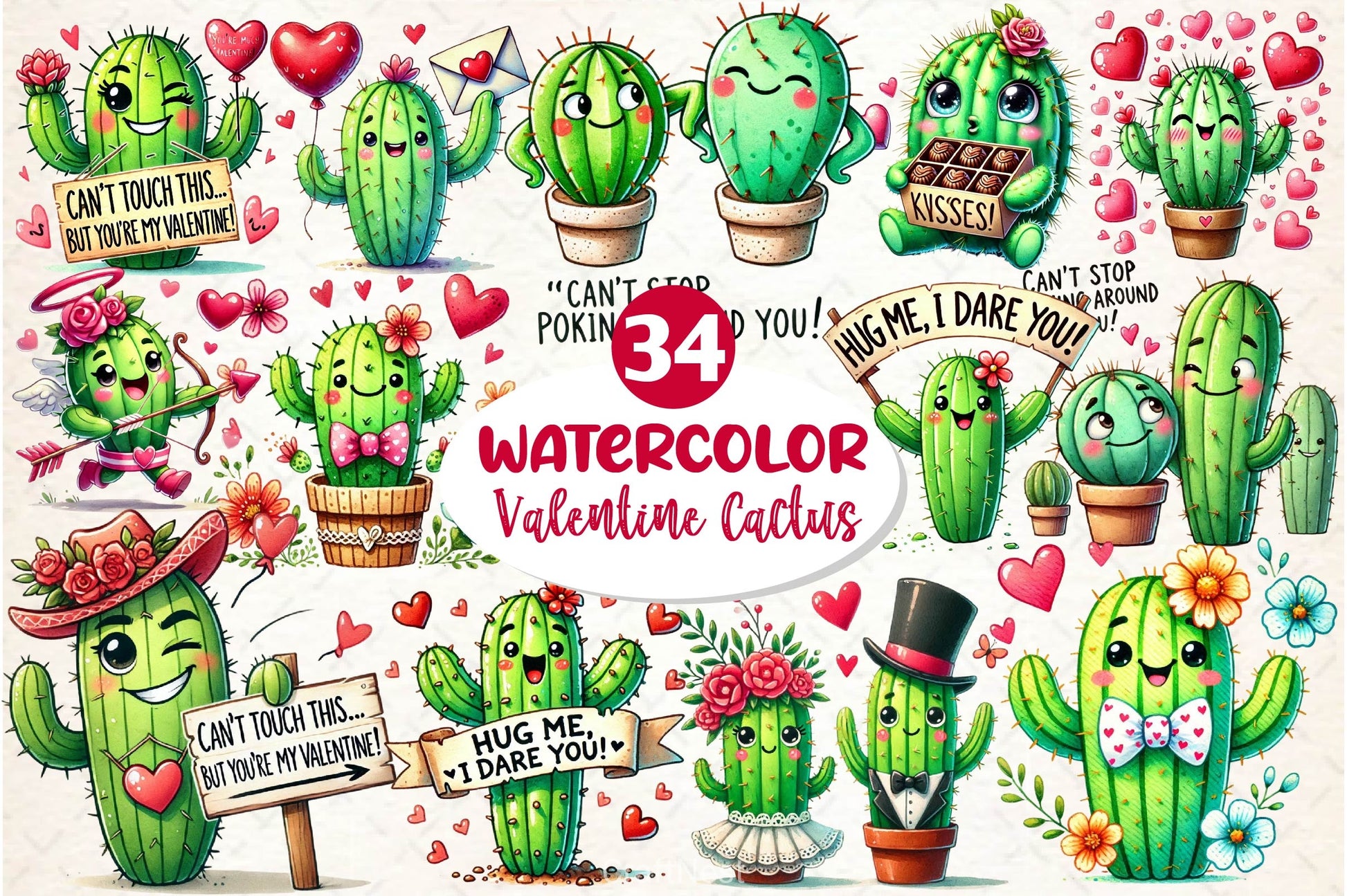 Cute Valentine Funny Cactus Clipart Bundle - CraftNest - Digital Crafting and Art