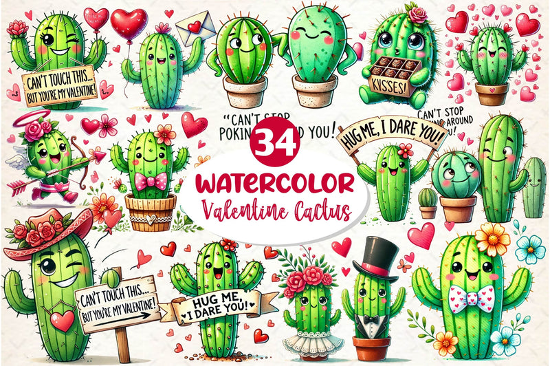 Cute Valentine Funny Cactus Clipart Bundle - CraftNest - Digital Crafting and Art