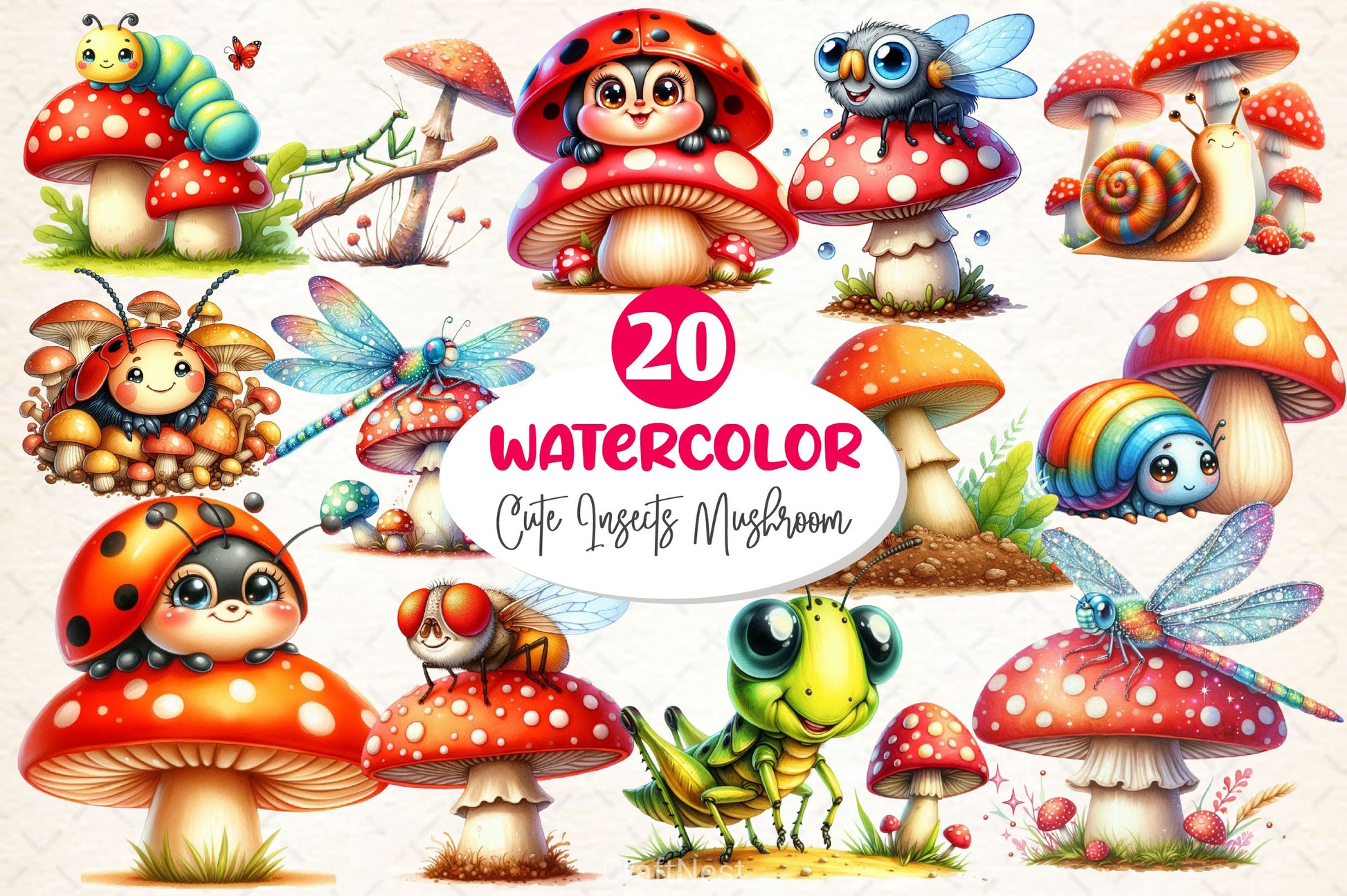 Cute Insects Mushroom Clipart Bundle 2 - CraftNest - Digital Crafting and Art