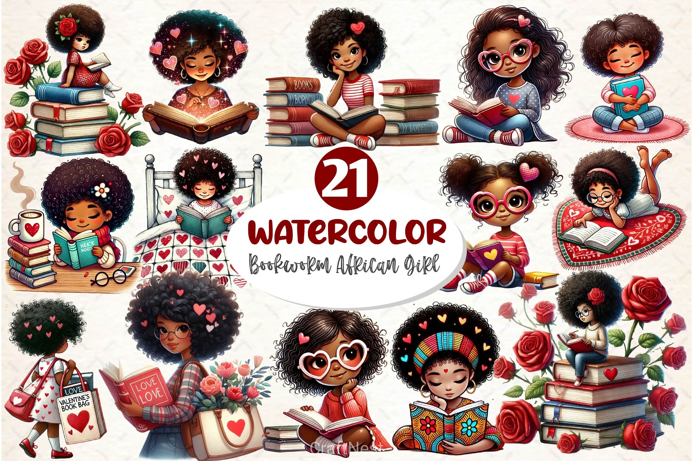 Valentine's Day Bookworm African Girl Clipart Bundle - CraftNest - Digital Crafting and Art