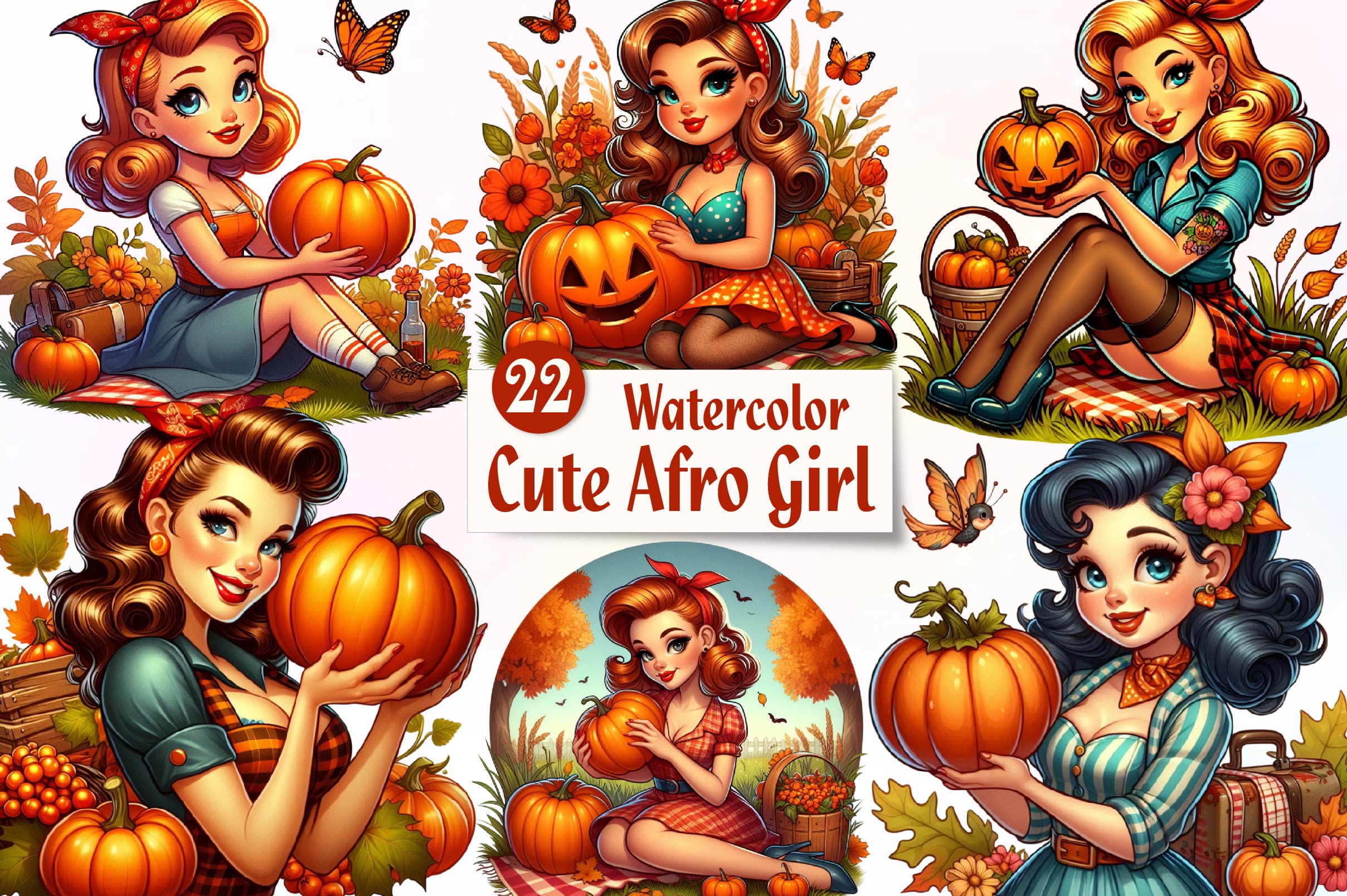 Vintage Pin Up Autumn Girl Clipart Bundle - CraftNest - Digital Crafting and Art