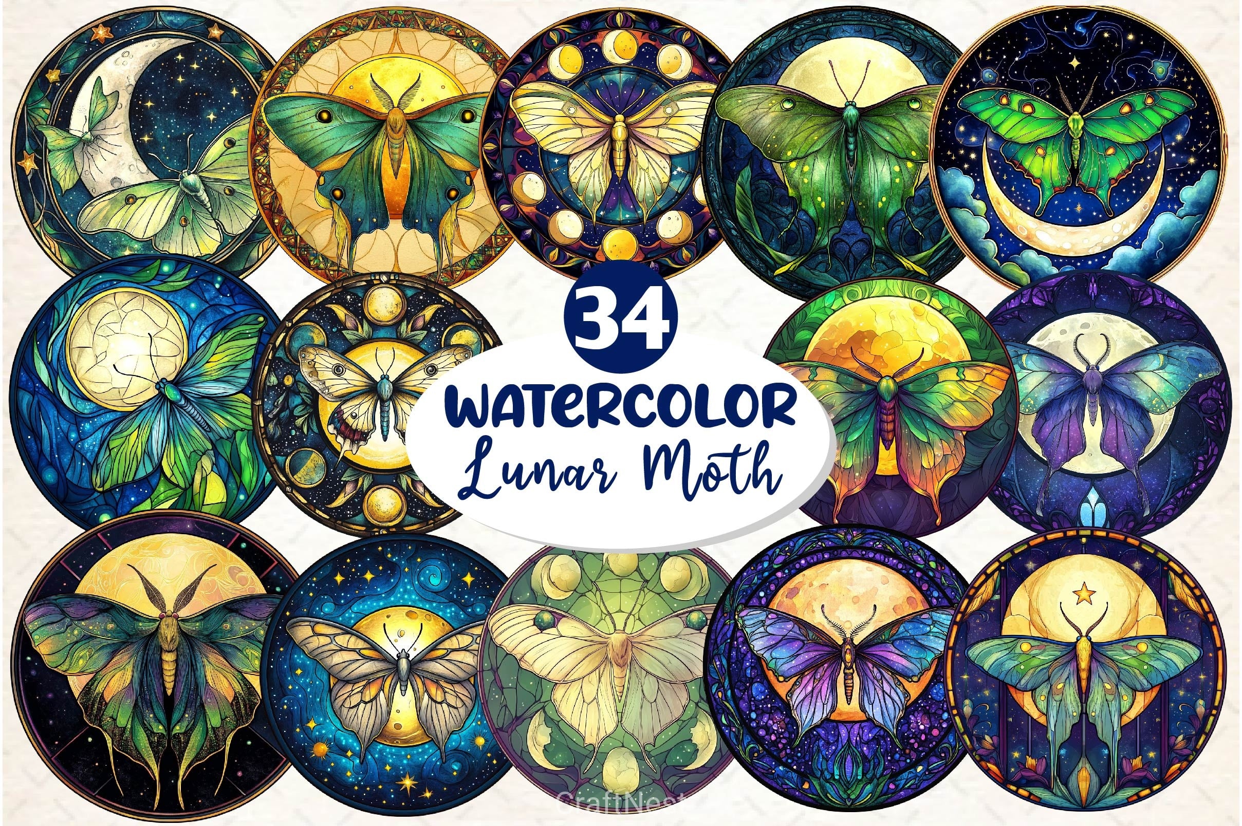 Lunar Moth And Moon Round Stained Glass Clipart Bundle 2 - CraftNest - Digital Crafting and Art