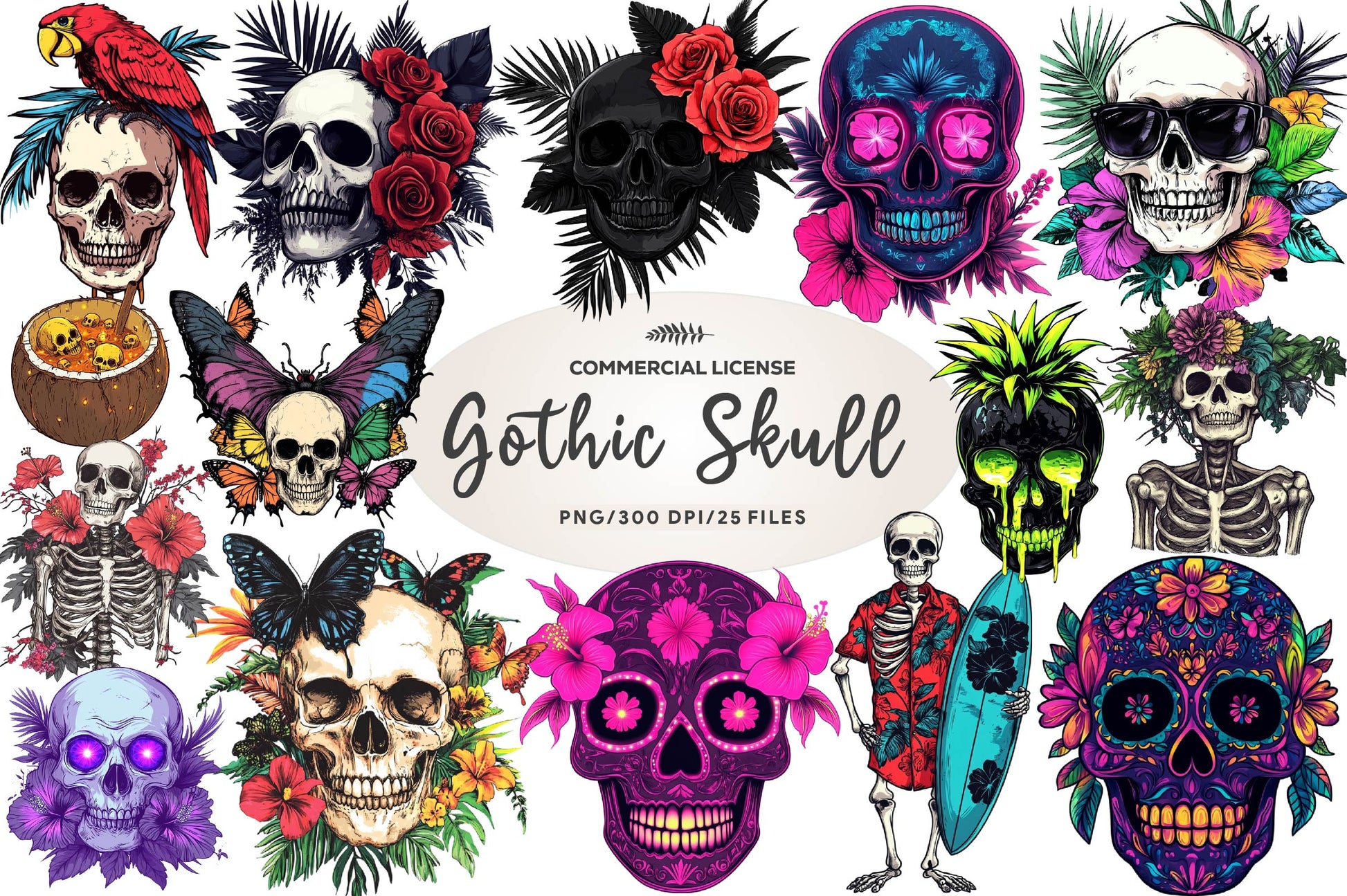 Summer Gothic Skull Clipart Bundle - CraftNest - Digital Crafting and Art