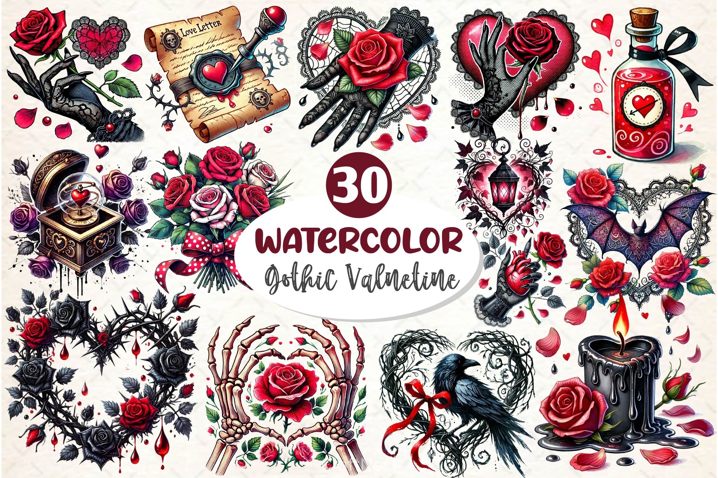 Love Gothic Valentines Day Clipart Bundle - CraftNest - Digital Crafting and Art