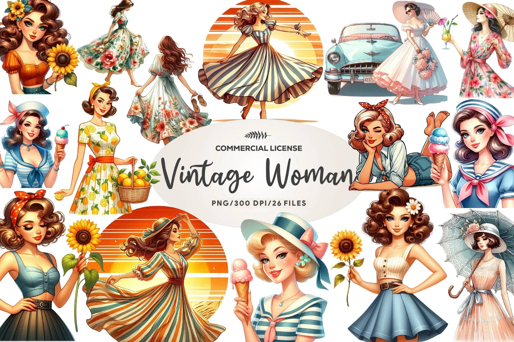 Summer Vintage Woman Clipart Bundle - CraftNest - Digital Crafting and Art