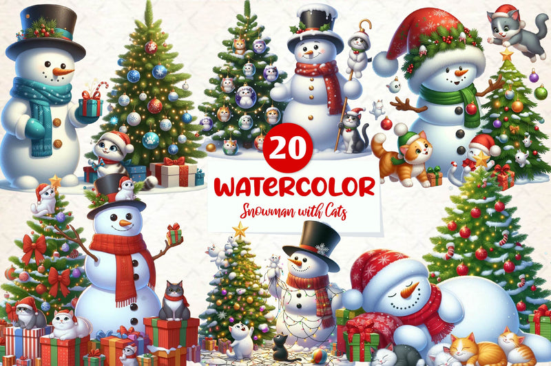 Christmas Snowman With Cats Clipart Bundle - CraftNest - Digital Crafting and Art