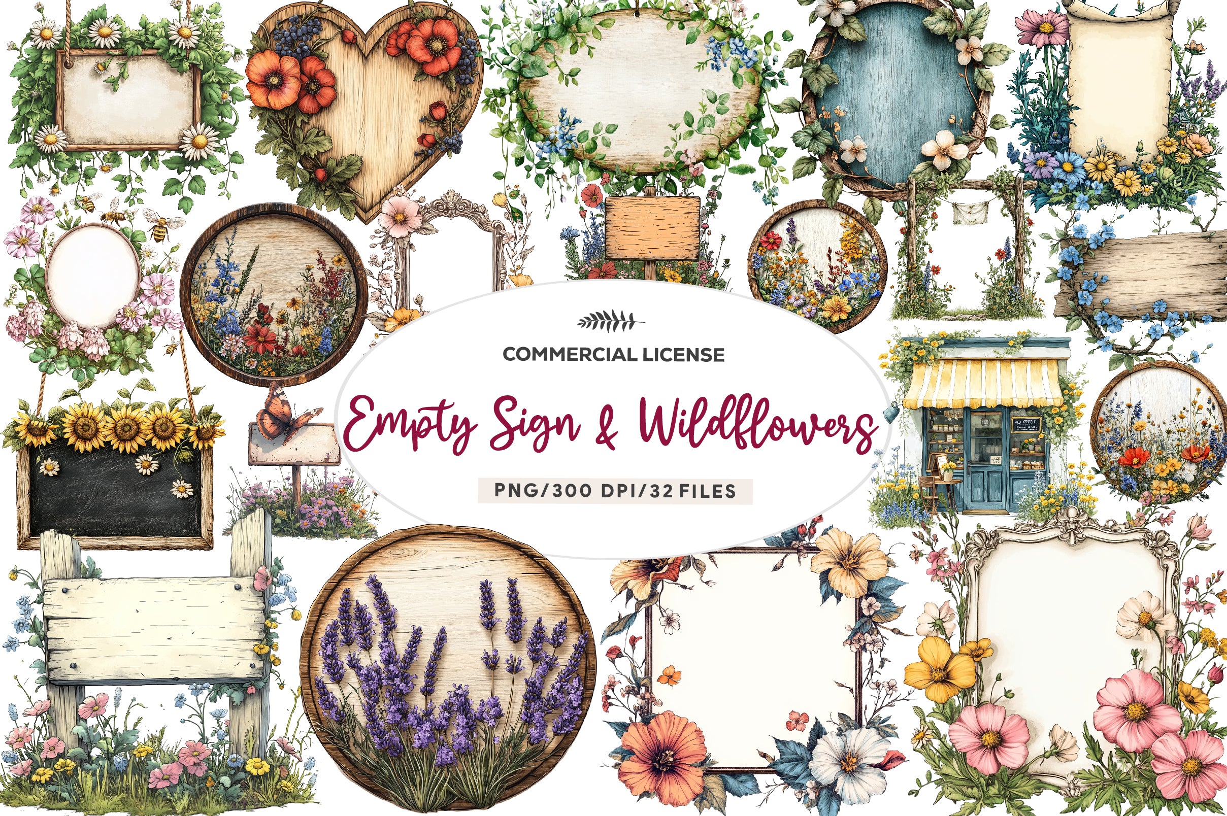 Summer Empty Sign & Wildflowers Clipart Bundle - CraftNest - Digital Crafting and Art