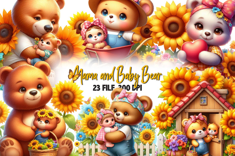 Sunflower Mama And Baby Bear Clipart Bundle - CraftNest - Digital Crafting and Art