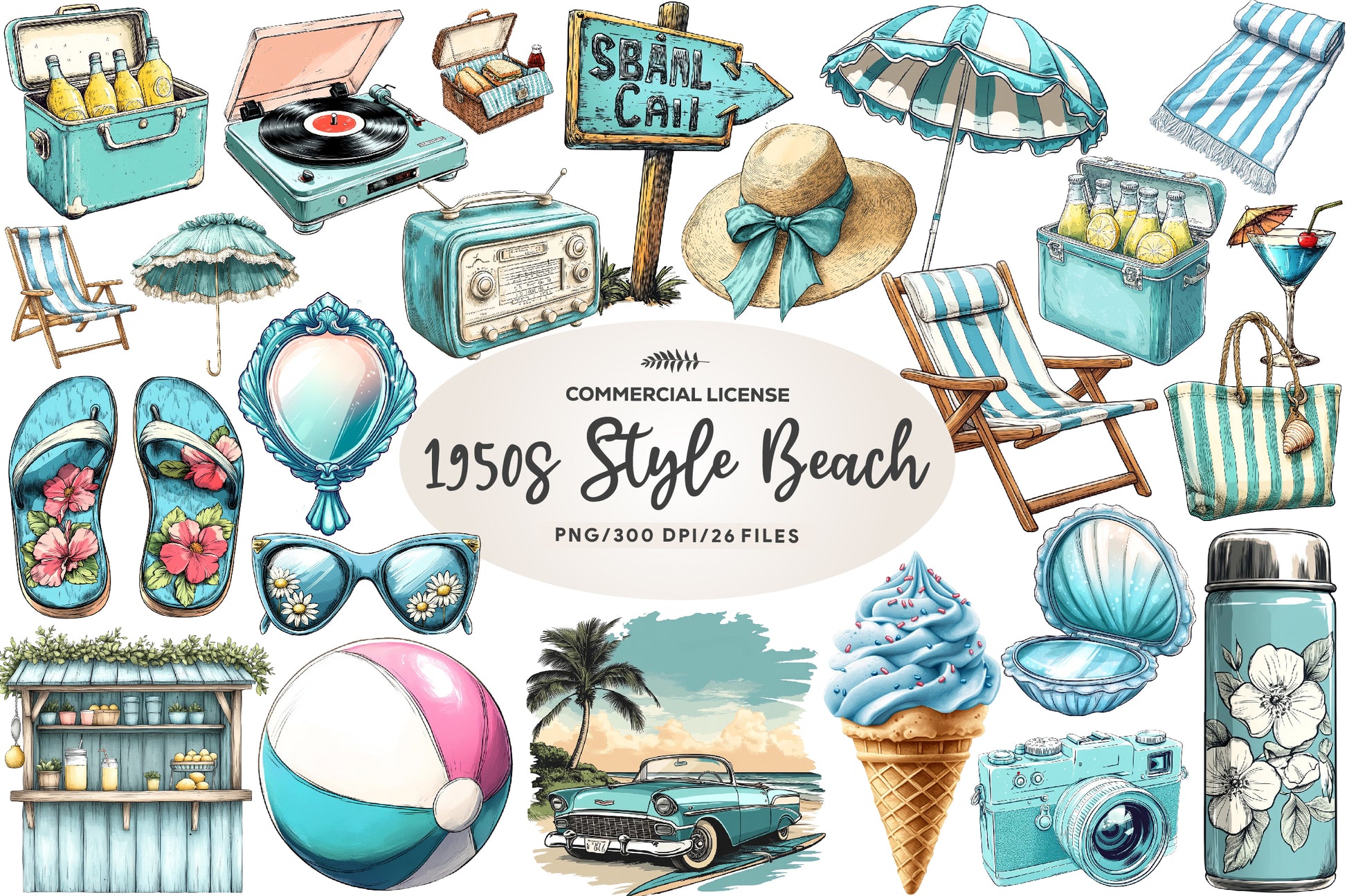 Aqua Color 1950s Style Beach Day Clipart Bundle - CraftNest - Digital Crafting and Art