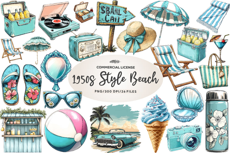 Aqua Color 1950s Style Beach Day Clipart Bundle - CraftNest - Digital Crafting and Art