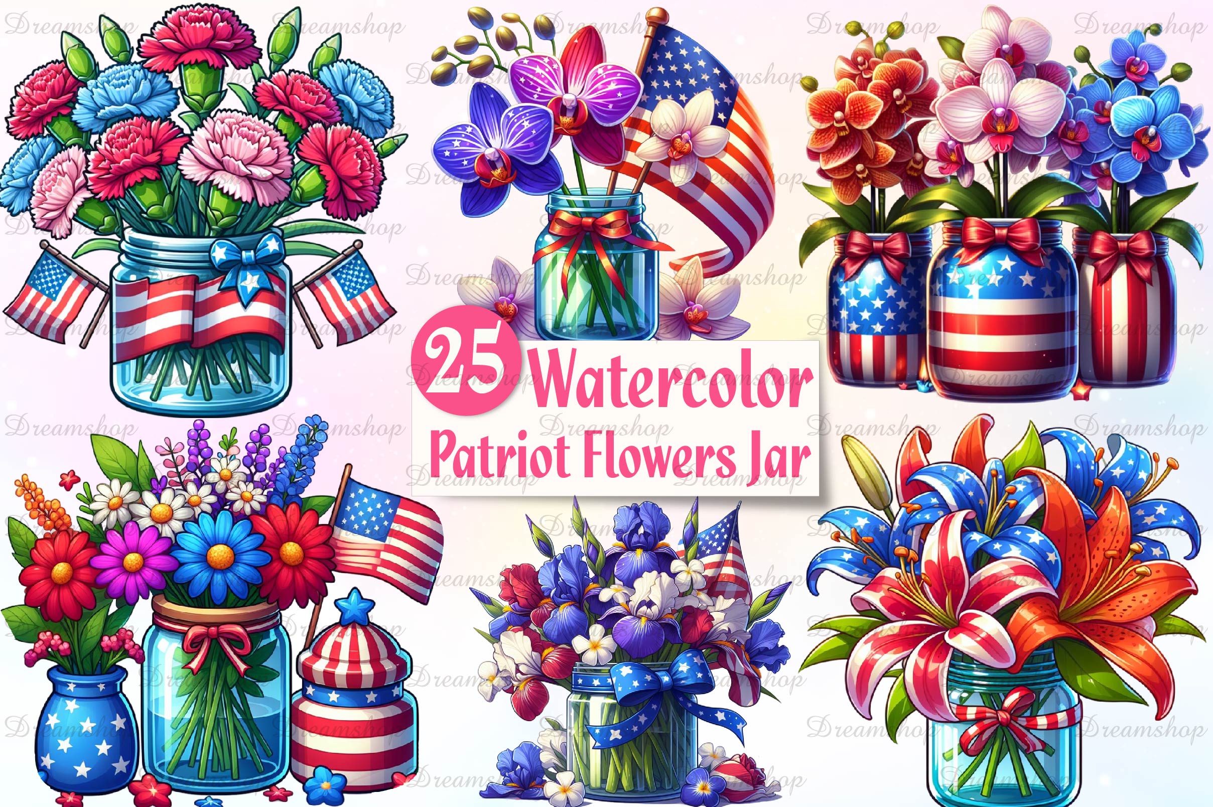 4th Of July Trio Flowers Jar Clipart Bundle - CraftNest - Digital Crafting and Art