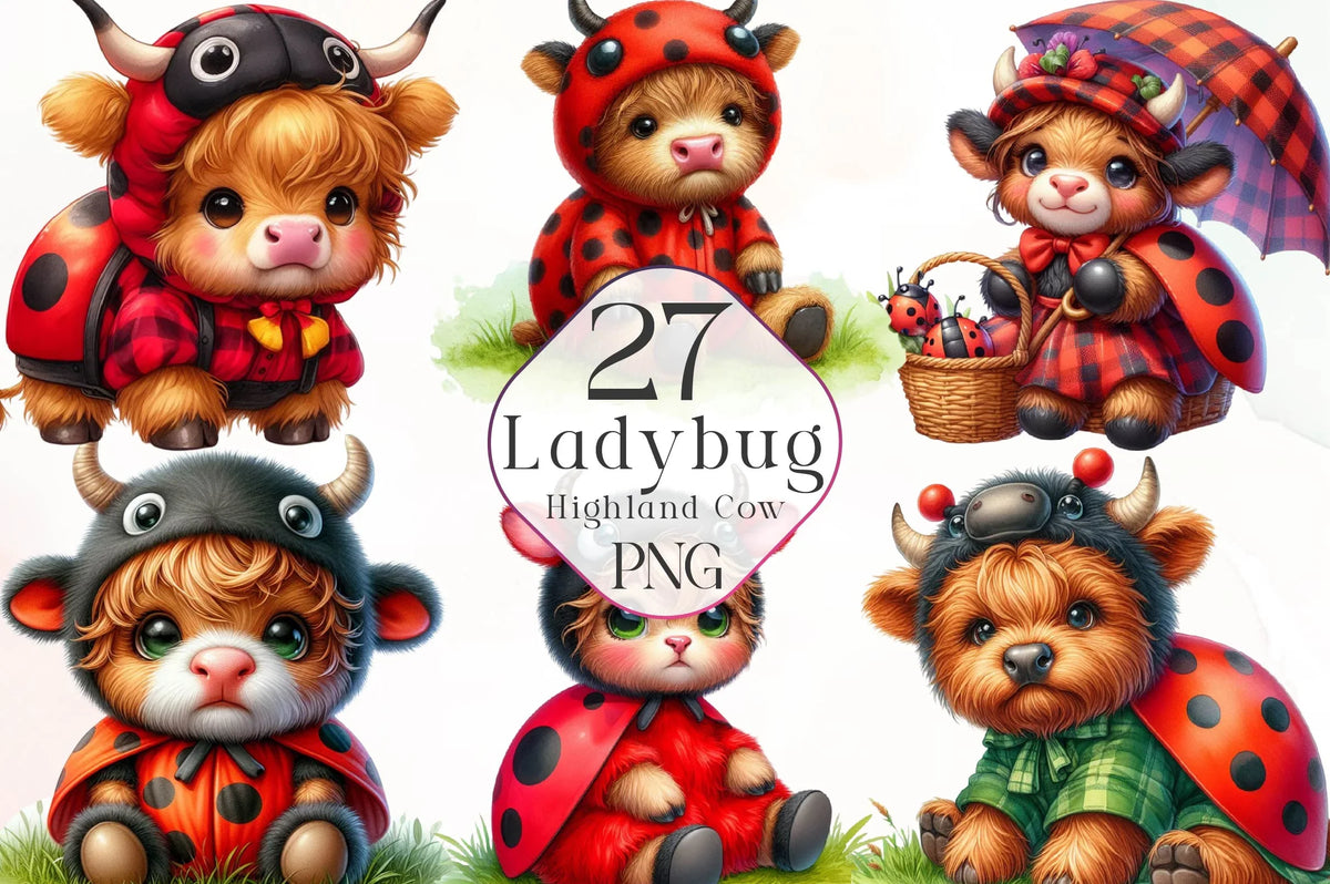 Cow Ladybug Rcks Ladybug Highland Cow Clipart Bundle