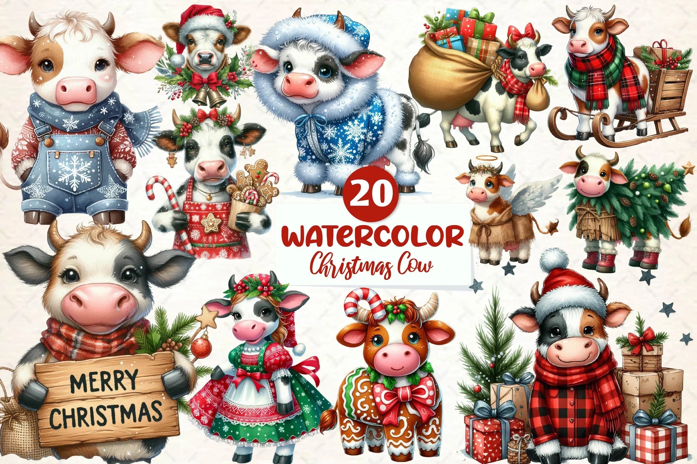 Old Rustic Christmas Cow Clipart Bundle - CraftNest - Digital Crafting and Art