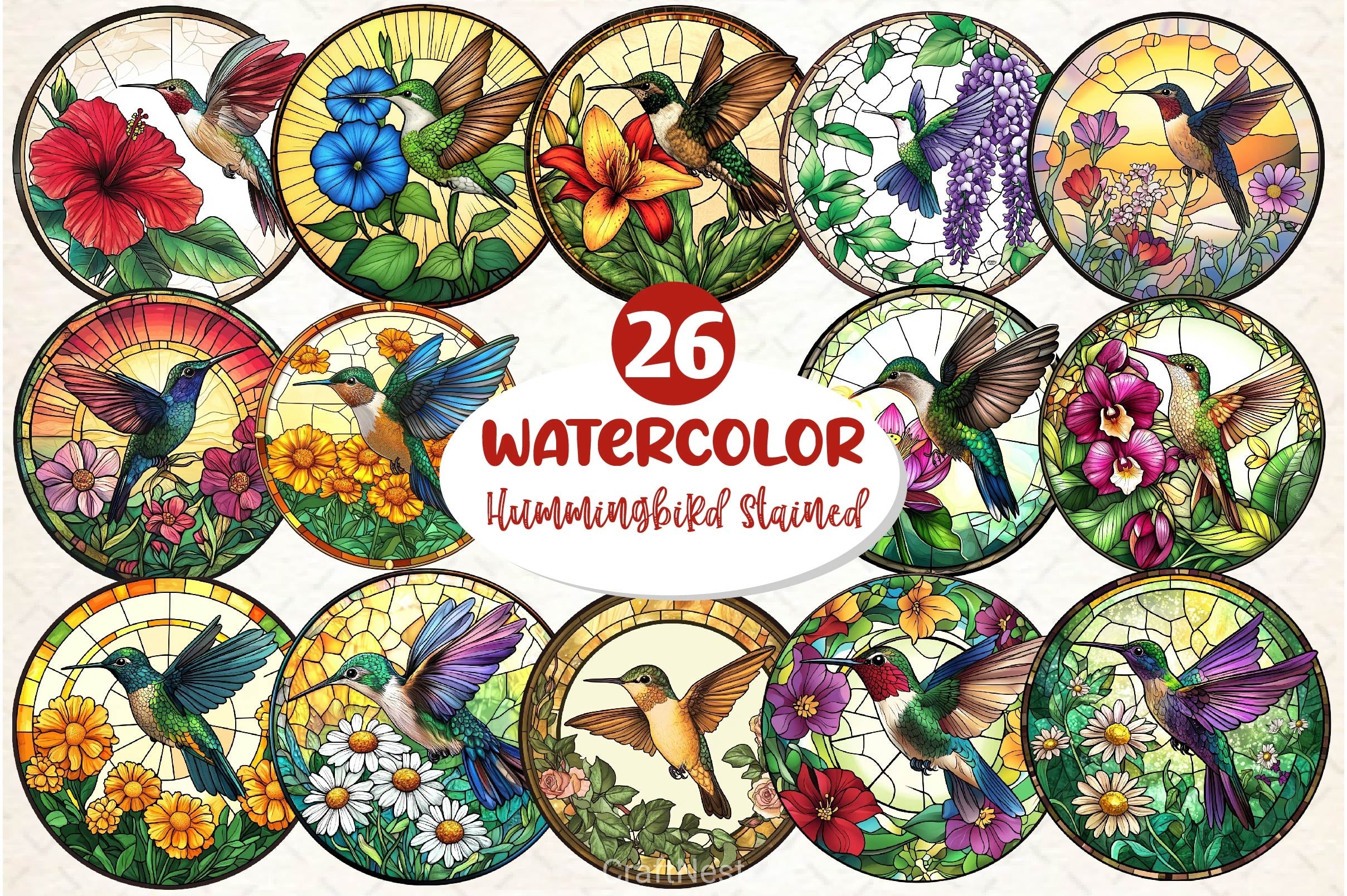 Hummingbird Flowers Round Stained Glass Clipart Bundle - CraftNest - Digital Crafting and Art