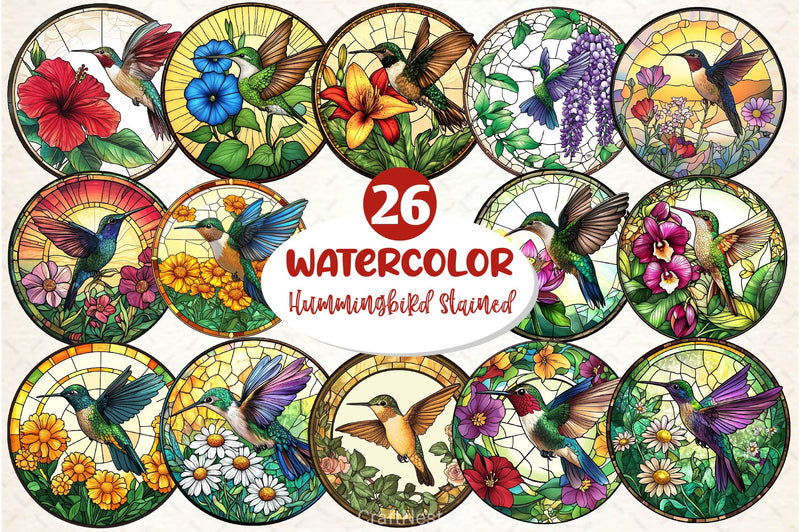 Hummingbird Flowers Round Stained Glass Clipart Bundle - CraftNest - Digital Crafting and Art