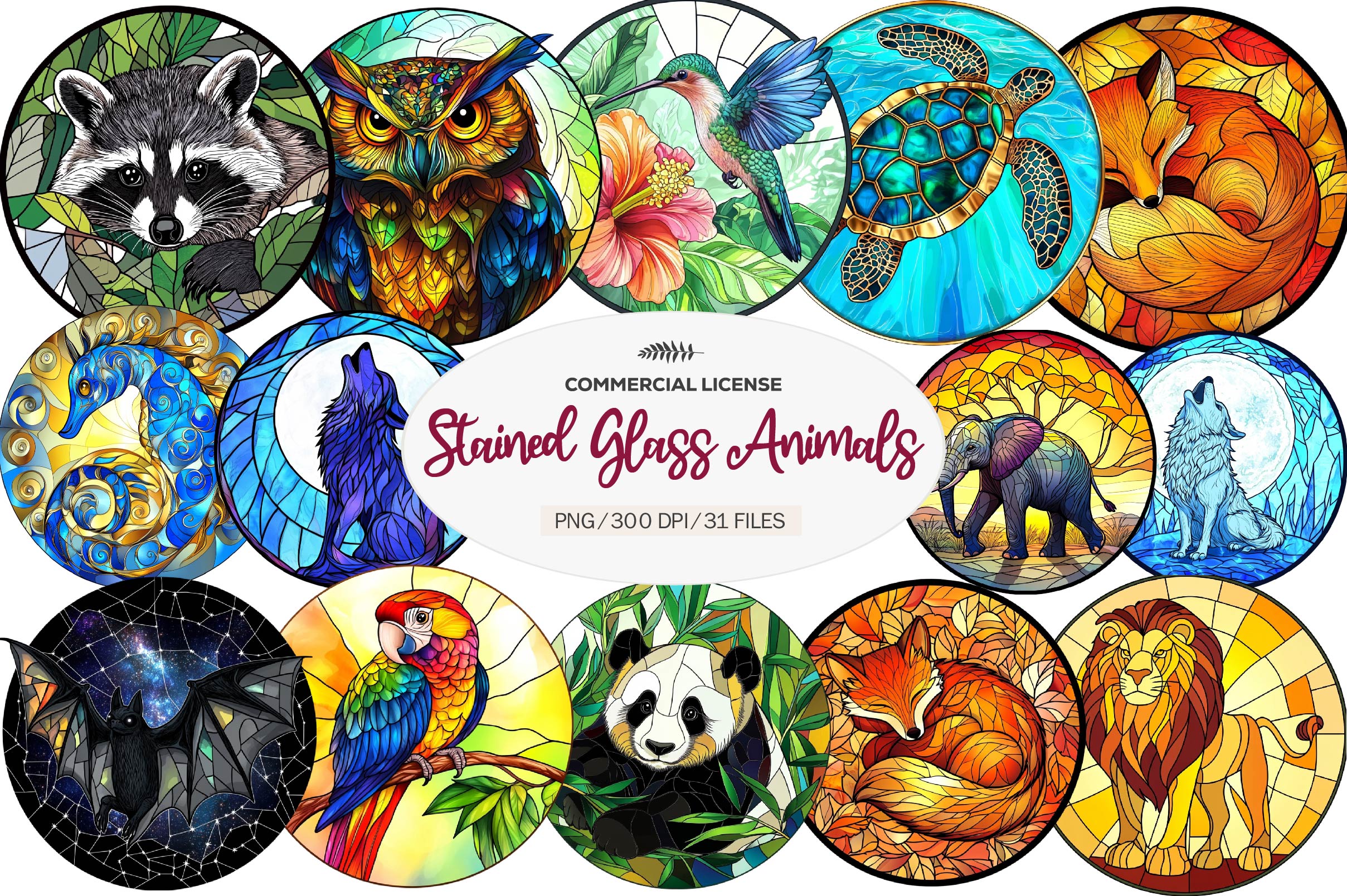 Round Stained Glass Animals Clipart Bundle - CraftNest - Digital Crafting and Art