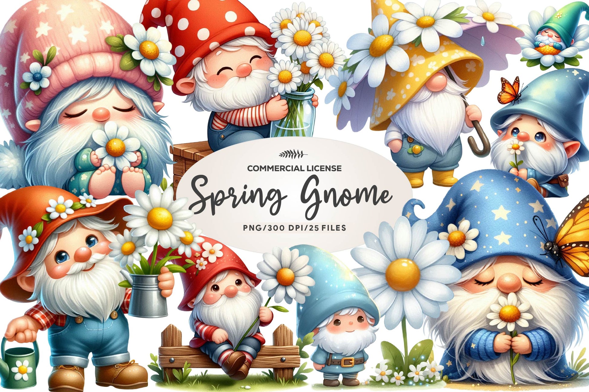 Cute Spring Gnome Daisy Flower Clipart Bundle - CraftNest - Digital Crafting and Art