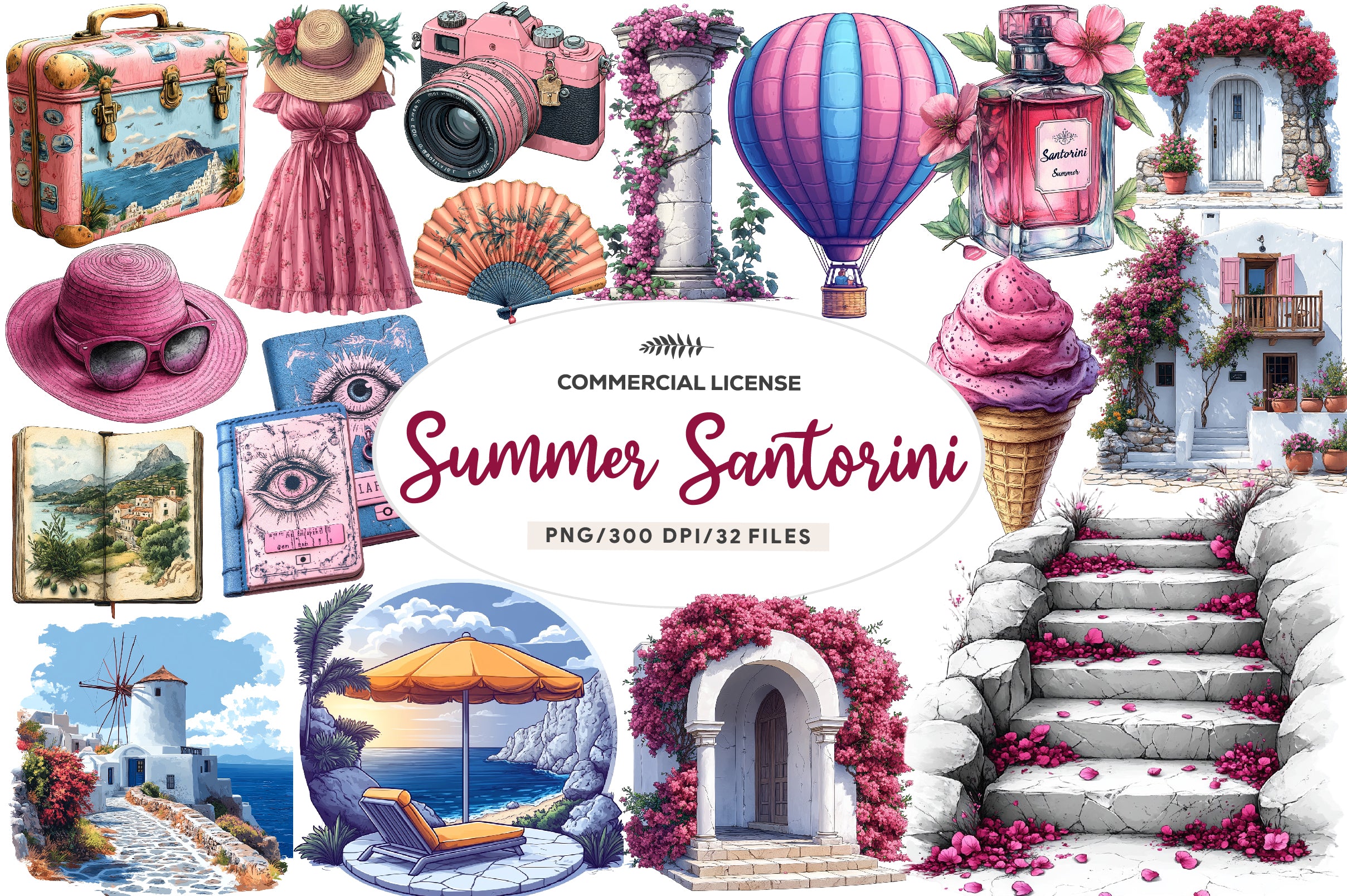 Pink Summer Santorini Travel Clipart Bundle - CraftNest - Digital Crafting and Art