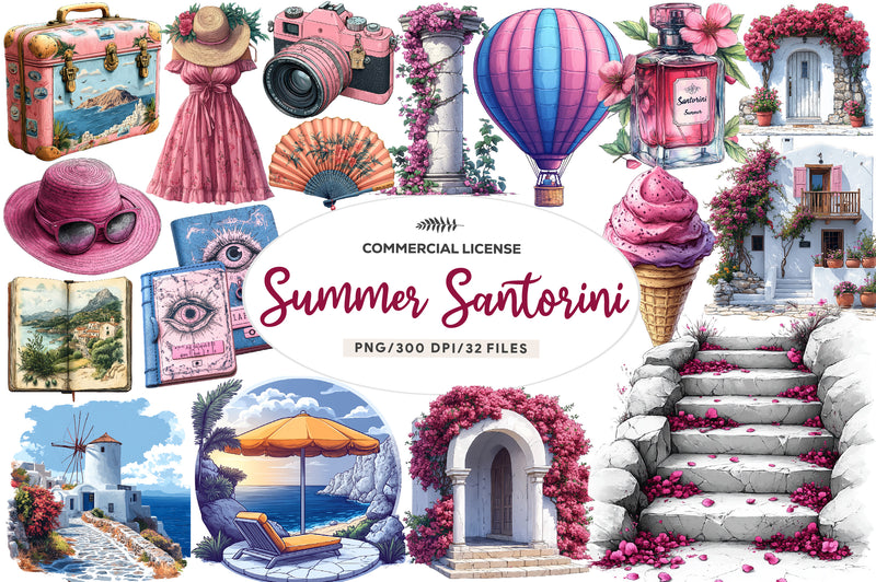 Pink Summer Santorini Travel Clipart Bundle - CraftNest - Digital Crafting and Art