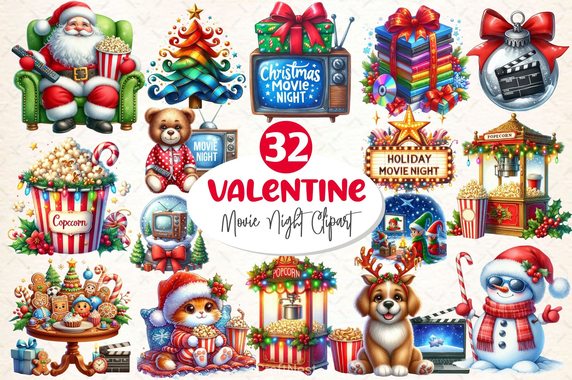 Christmas Movie Night Clipart Bundle 3 - CraftNest - Digital Crafting and Art