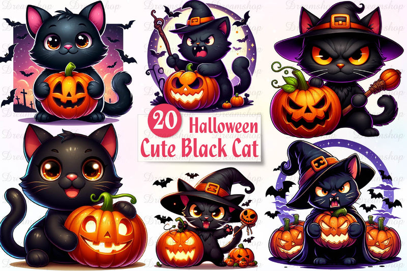 Halloween Black Cat With Pumpkin Clipart Bundle - CraftNest - Digital Crafting and Art