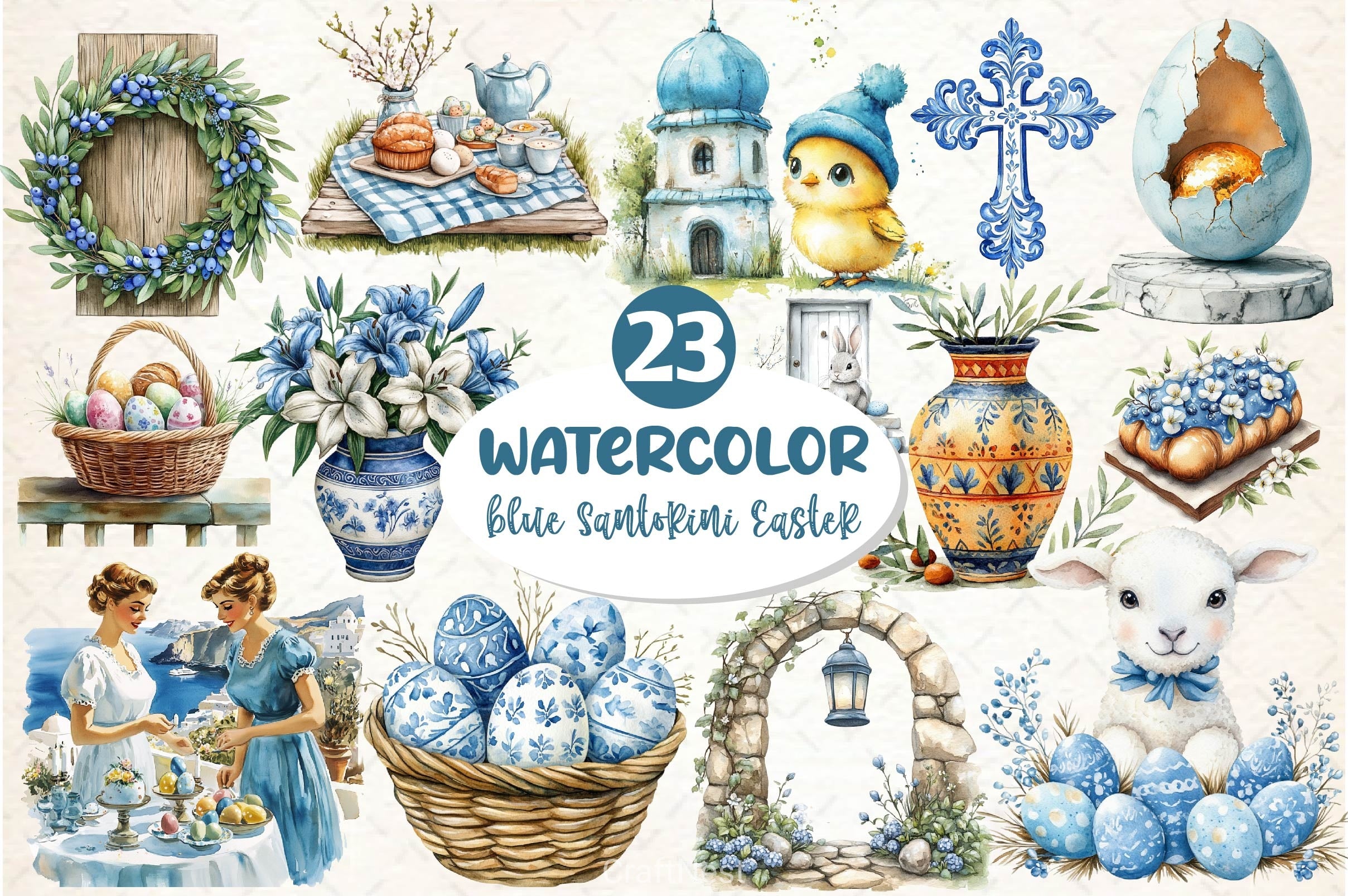 Blue Santorini Easter Day Clipart Bundle 4 - CraftNest - Digital Crafting and Art