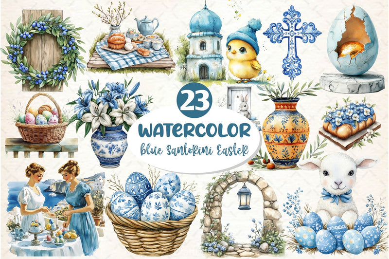 Blue Santorini Easter Day Clipart Bundle 4 - CraftNest - Digital Crafting and Art