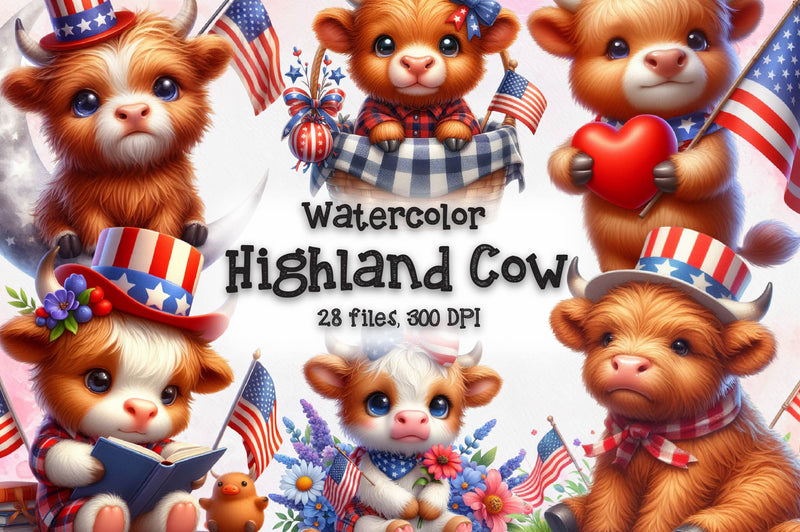 Patriotic Highland Cow Clipart Bundle 1 - CraftNest - Digital Crafting and Art