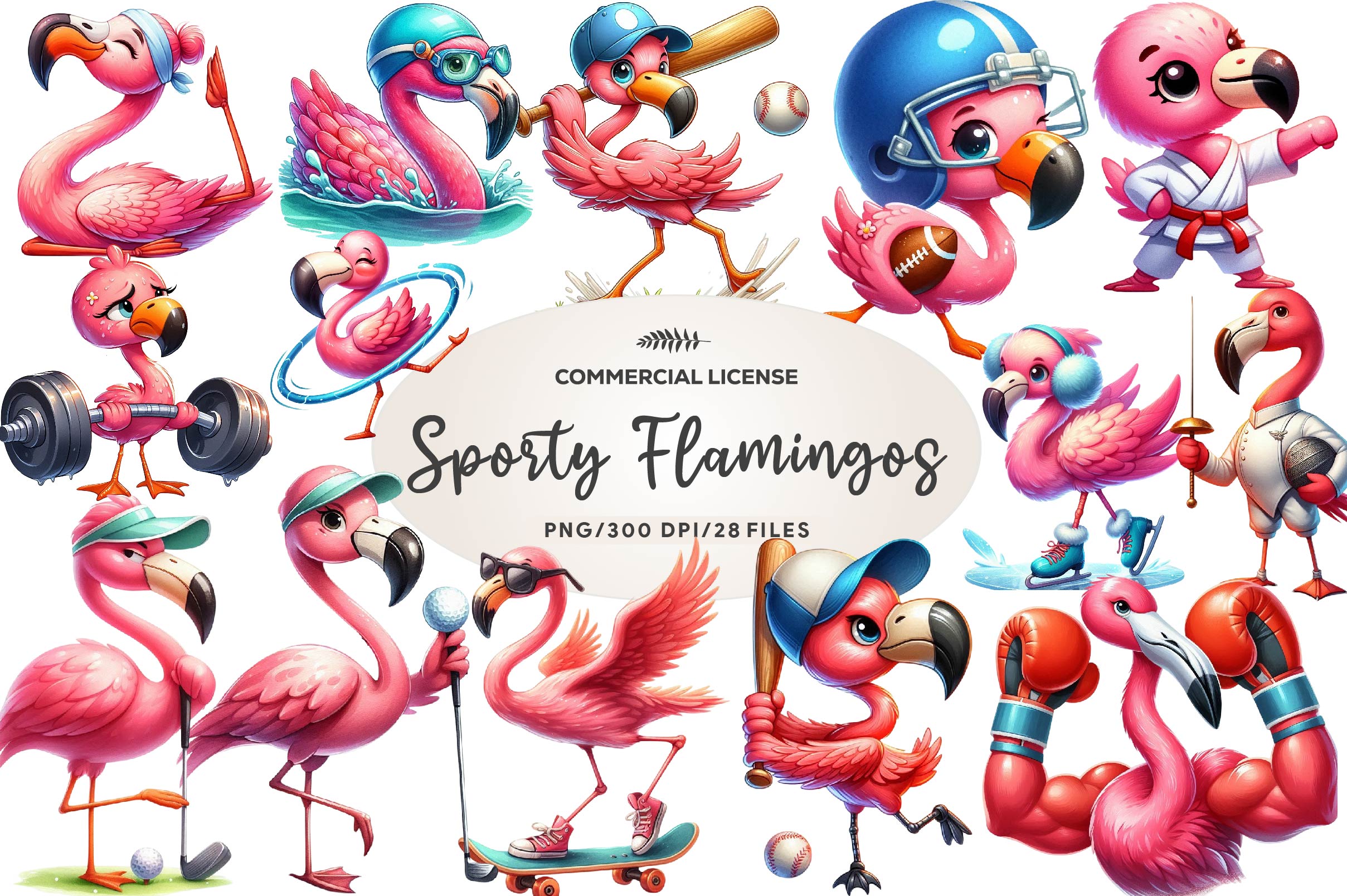 Cute Cartoon Sporty Flamingos Clipart Bundle - CraftNest - Digital Crafting and Art