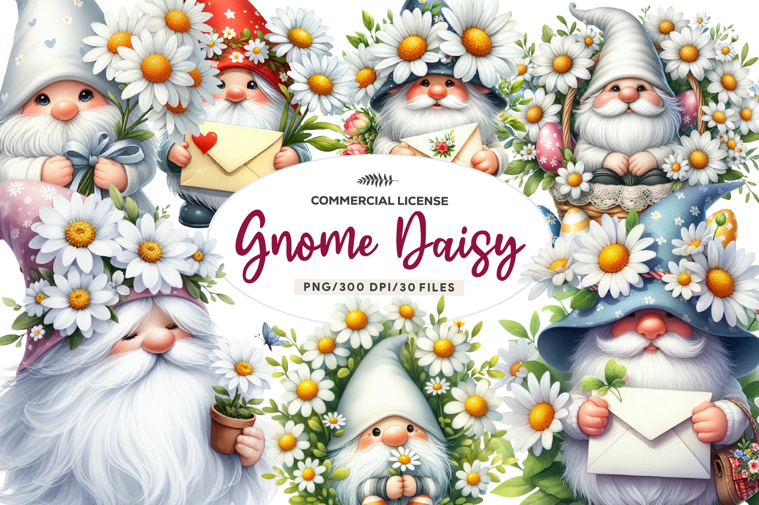 White Gnome Daisy Clipart Bundle - CraftNest - Digital Crafting and Art