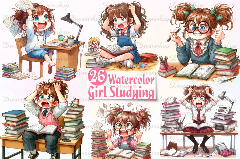 Girl Studying Clipart Bundle - CraftNest - Digital Crafting and Art