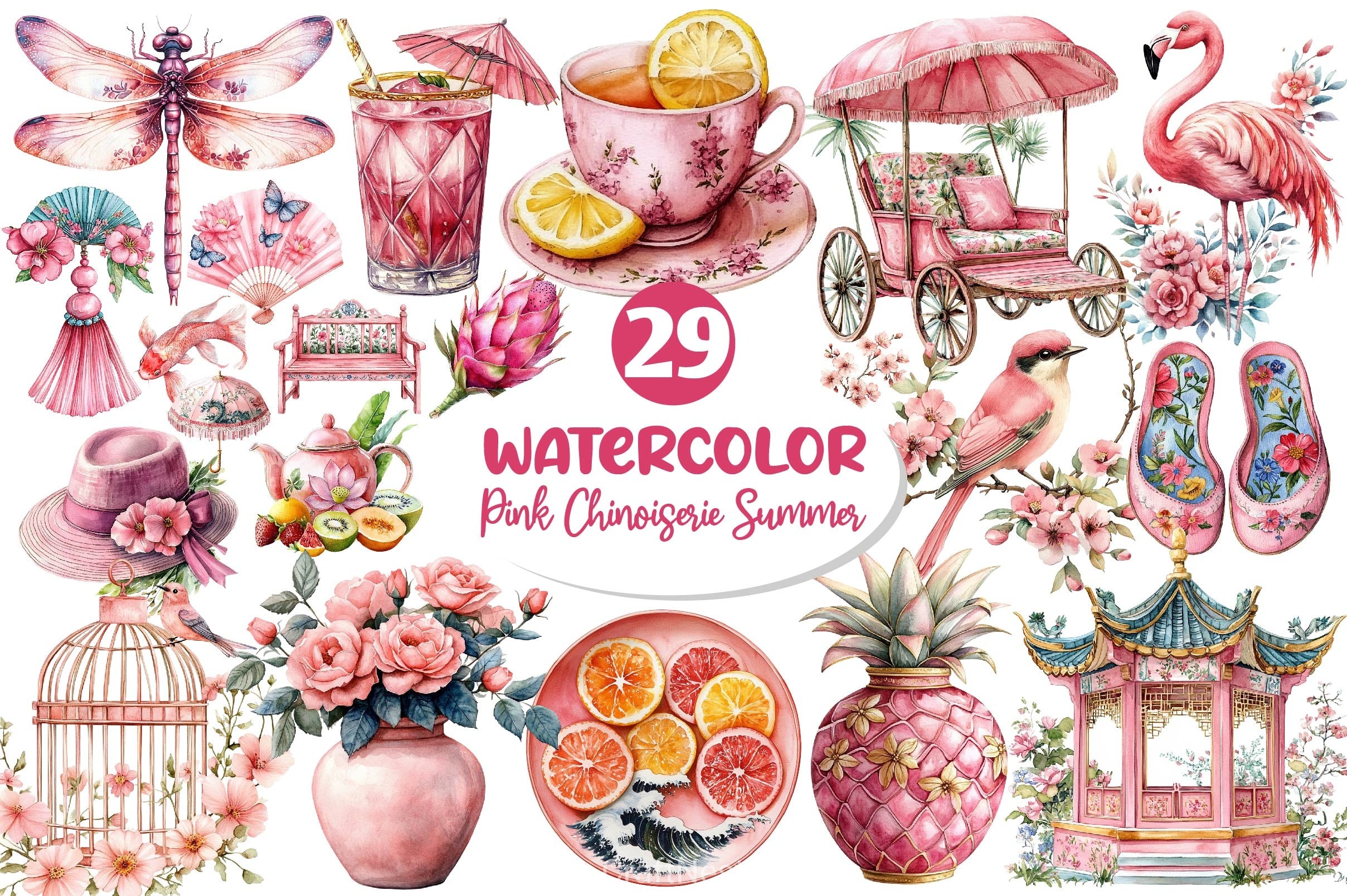 Pink Chinoiserie Summer Clipart Bundle 3 - CraftNest - Digital Crafting and Art