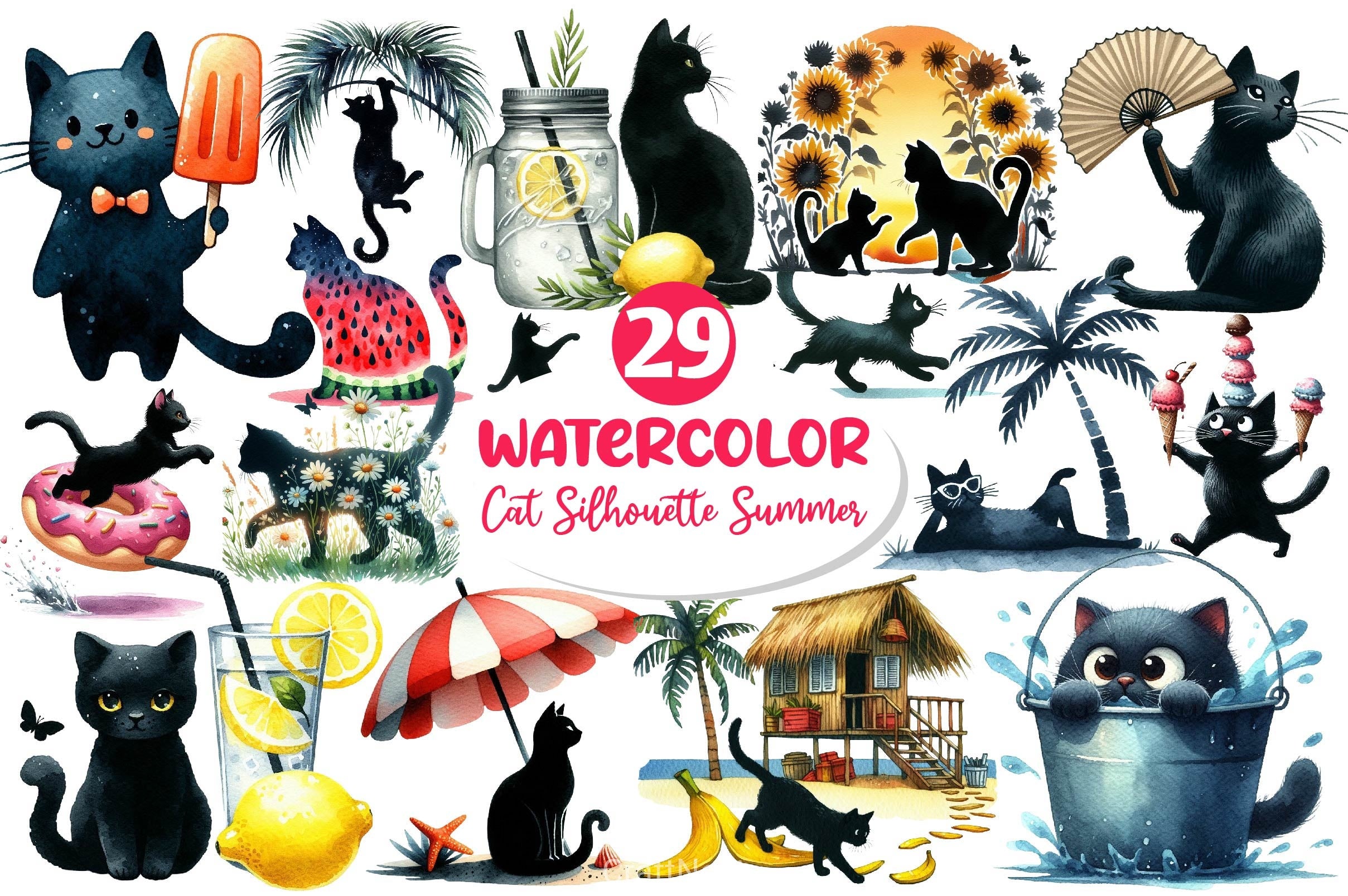 Cat Silhouette Summer Clipart Bundle - CraftNest - Digital Crafting and Art