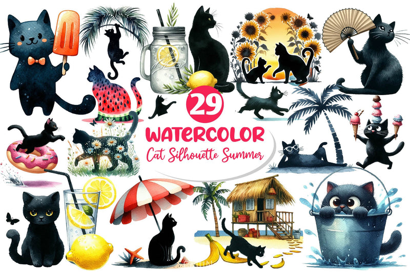 Cat Silhouette Summer Clipart Bundle - CraftNest - Digital Crafting and Art
